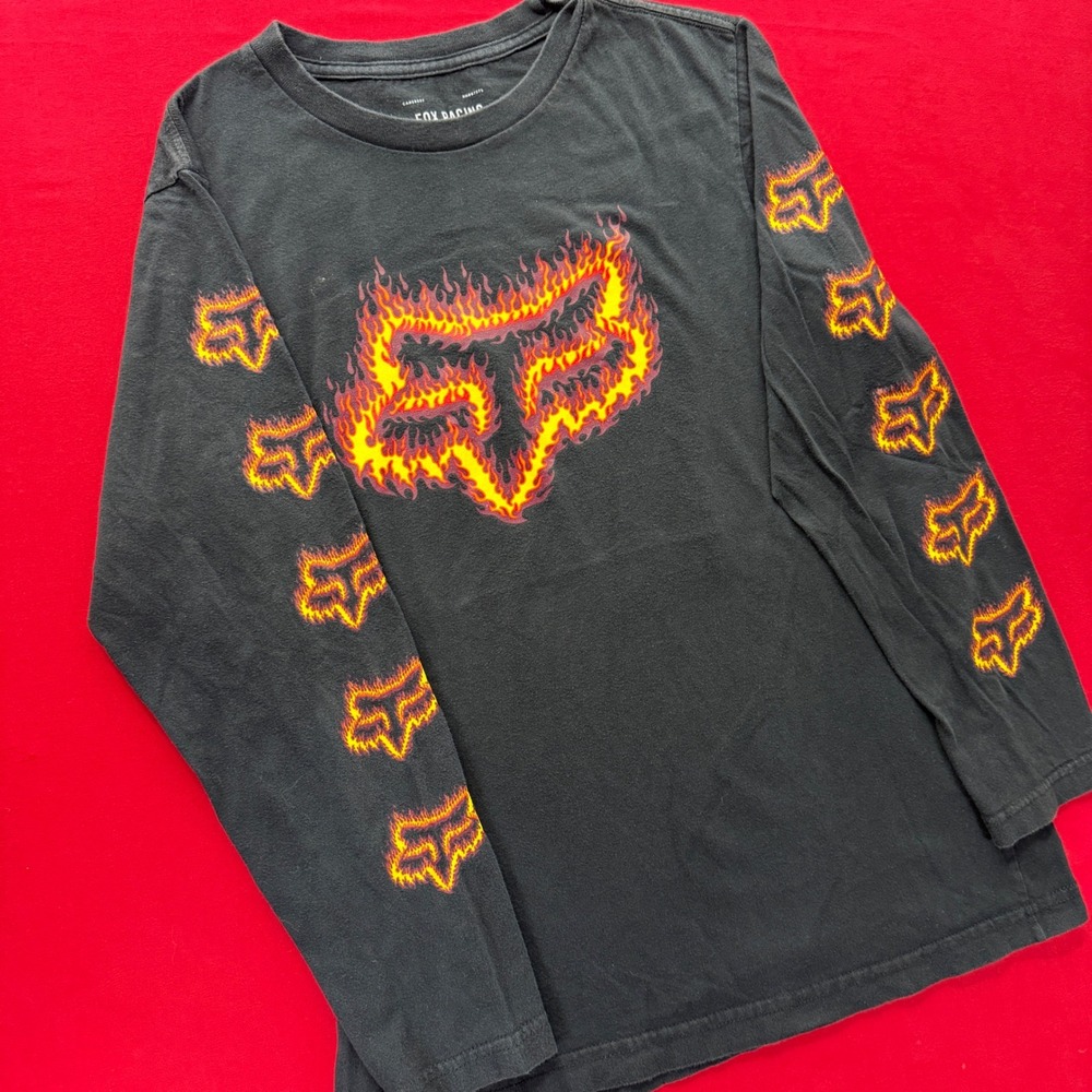 Fox Racing Vintage Y2K Flames Long Sleeve Shirt Black Youth XL Mens Small Logo